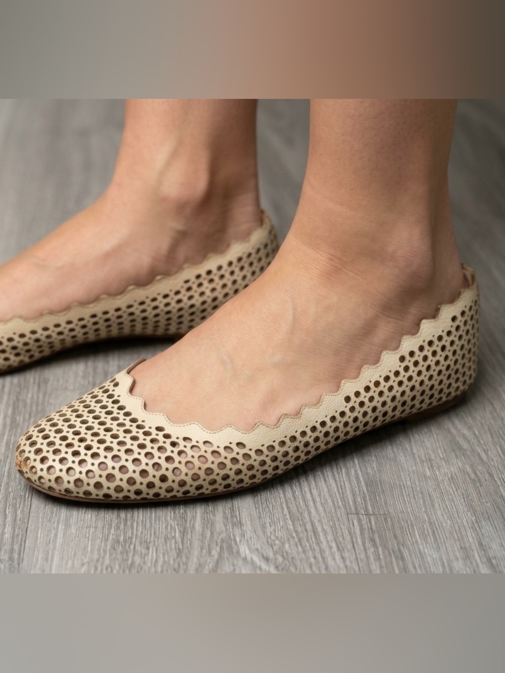 Chloé Lauren Scalloped Perforated Leather Ballet Flats Size 37 7 ITALY